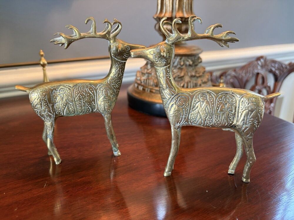 Vintage Brass Reindeer  Deer Figurines Made in Israel Set of 2 MCM